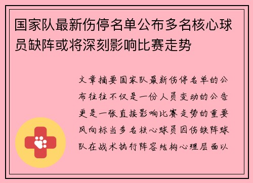 国家队最新伤停名单公布多名核心球员缺阵或将深刻影响比赛走势